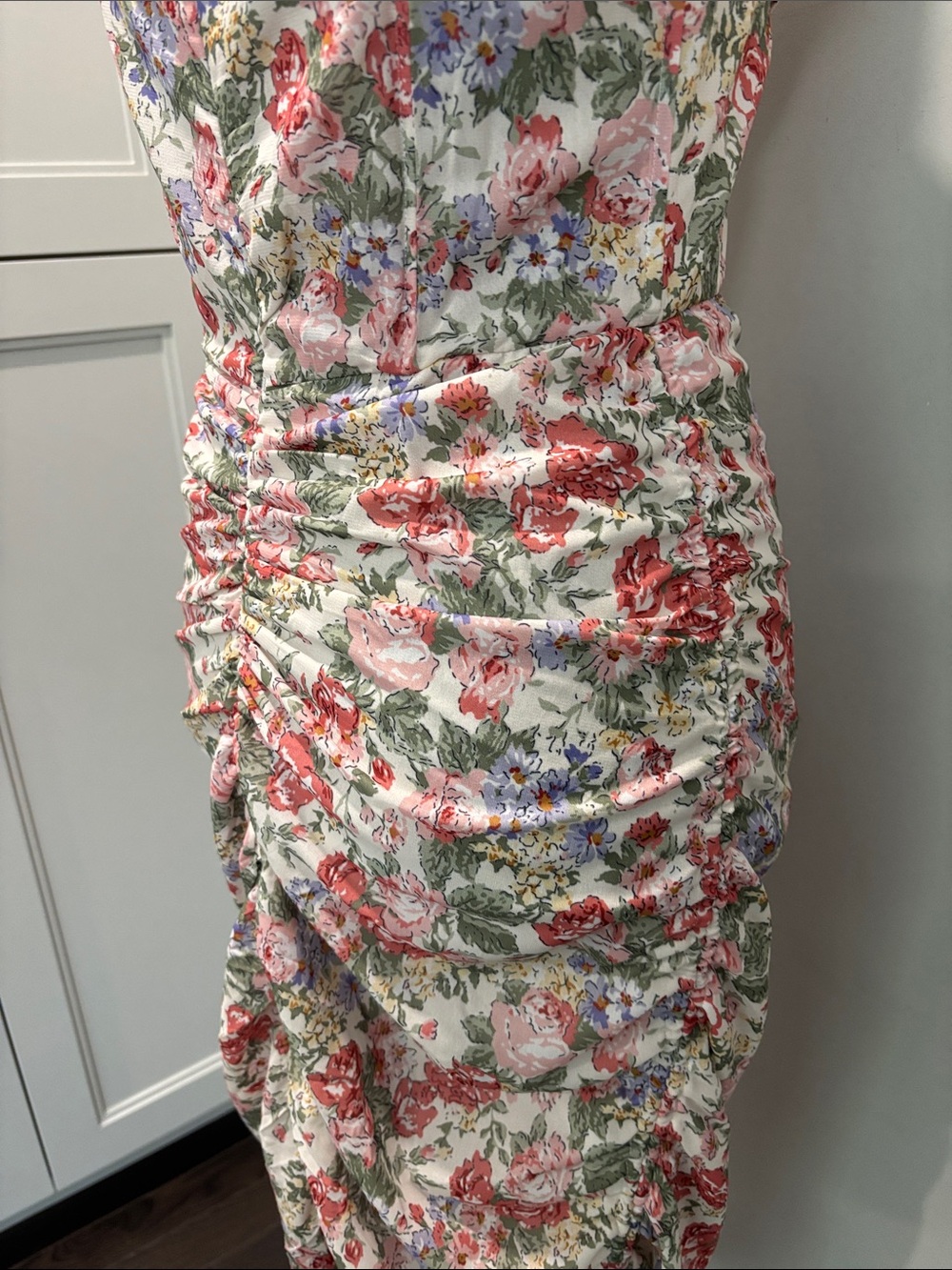 Off‑Shoulder Floral Midi Dress in Pink and Cream - Picture 13 of 16